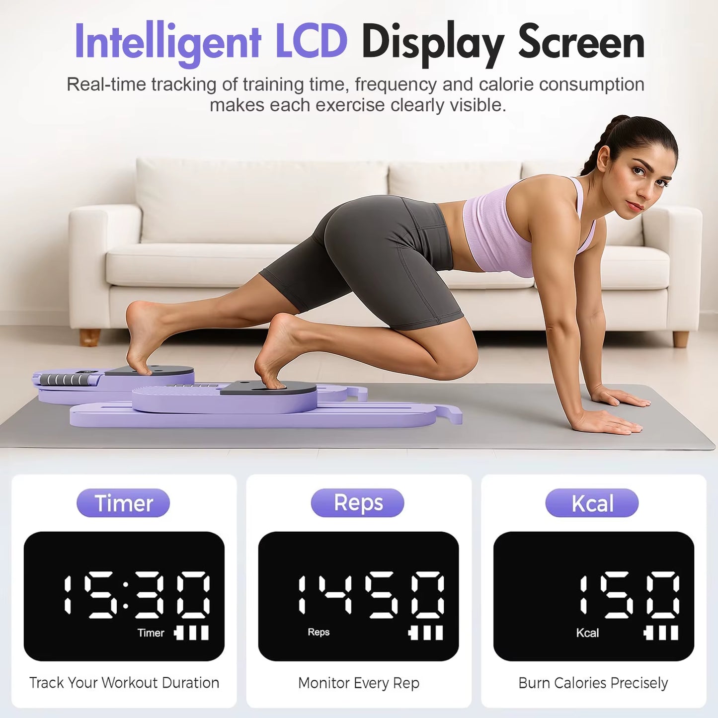 Pilates Reformer Board AB Portable Split Resistance Gym Equipment with Resistance Bands LCD Display Full Body Workout Machine